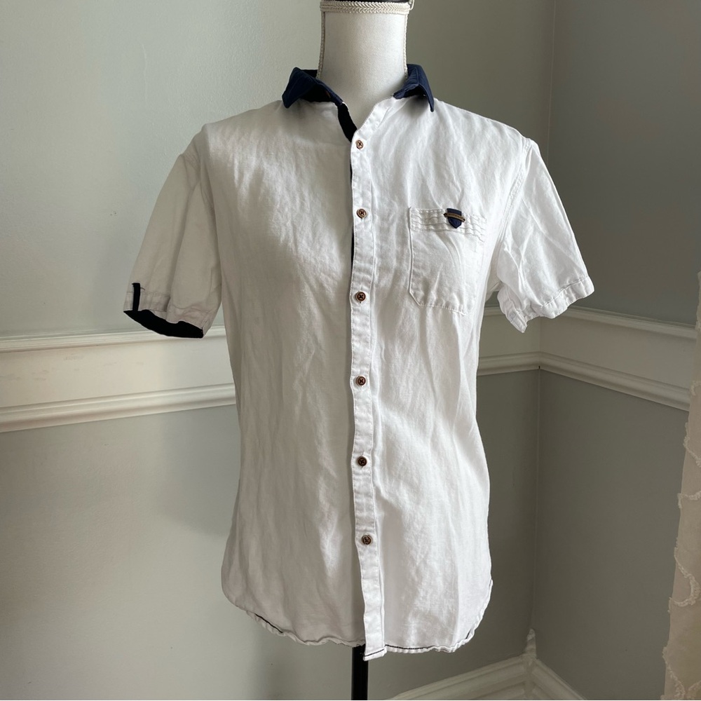 WITH Withman Women’s White Linen Button-Up Shirt Short Sleeve Size M